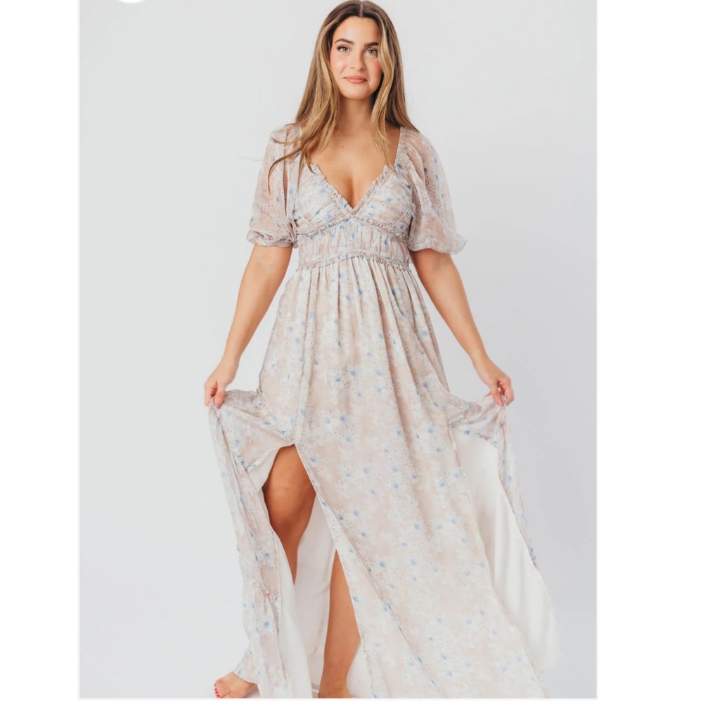 Worth Collective: Daphne Maxi Dress in Beige Blue Floral - Bump Friendly
